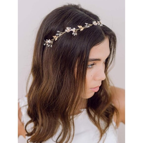Wedding Headband Floral Leaf Bridal Hair Accessory Ivory Pearls Gold main image 5